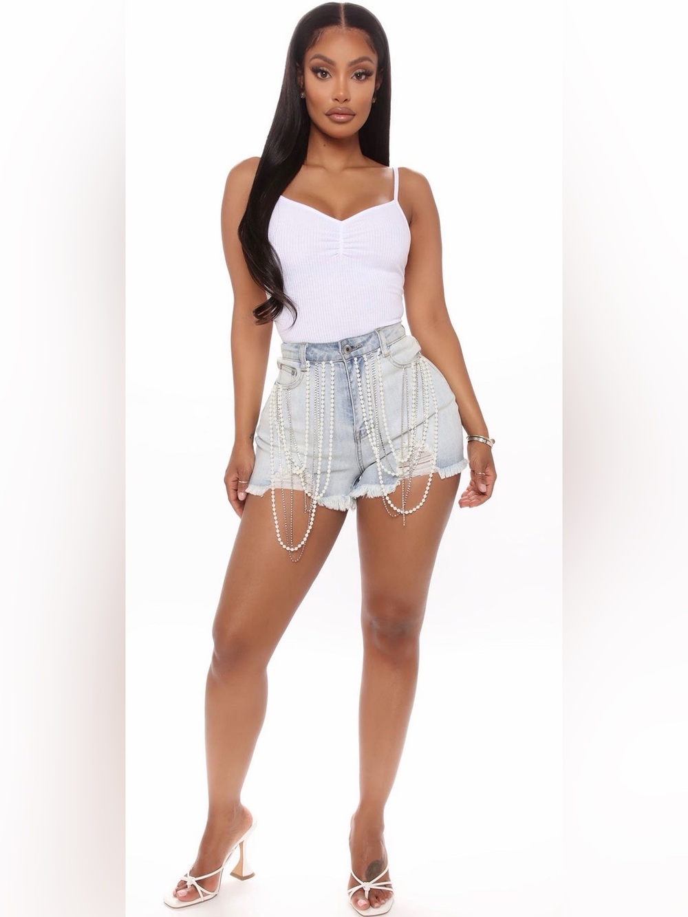 Fashion Nova Light Wash Pearl-Chain Distressed Denim Shorts